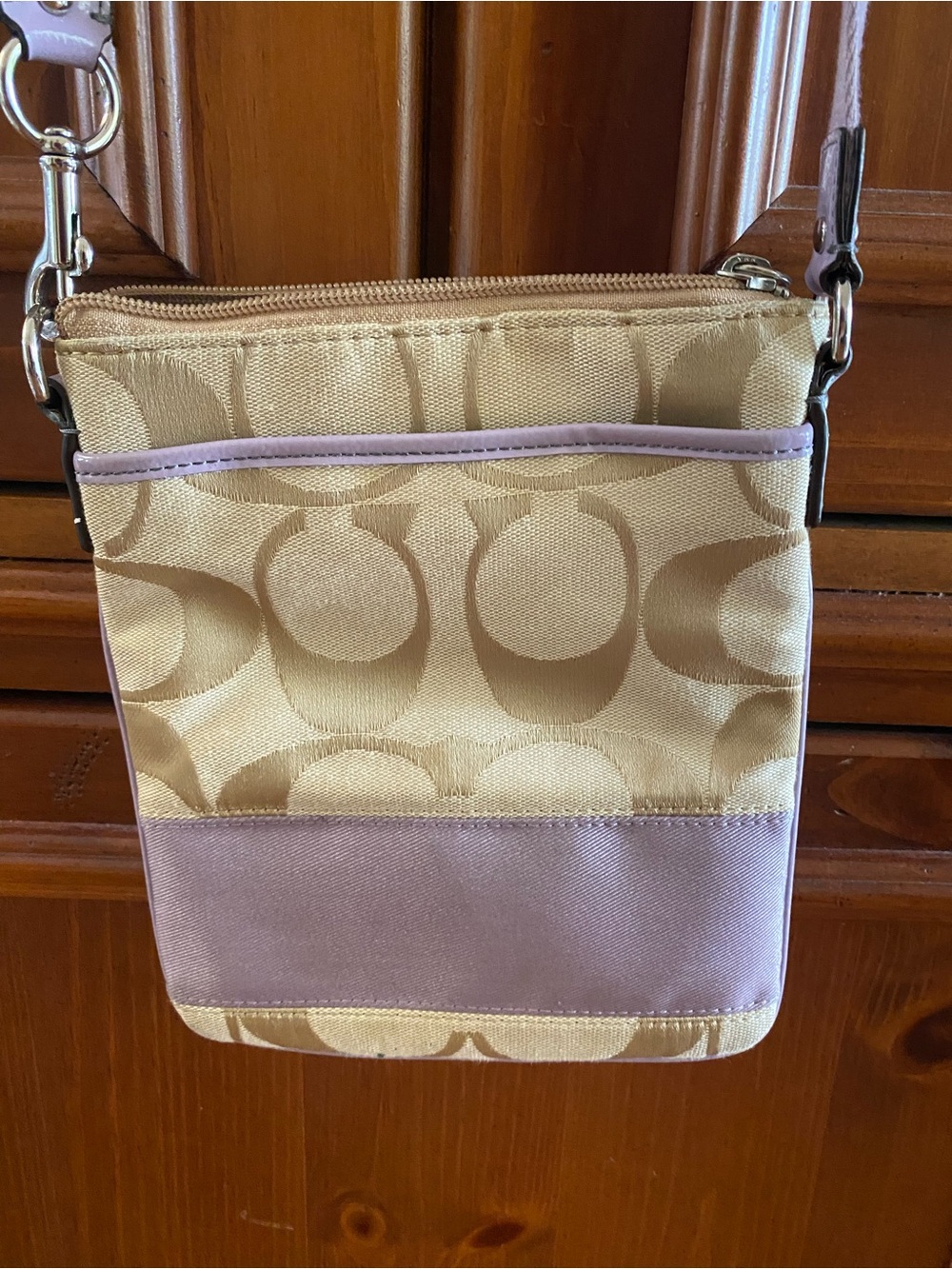 Coach Beige Signature Crossbody with Lavender Trim